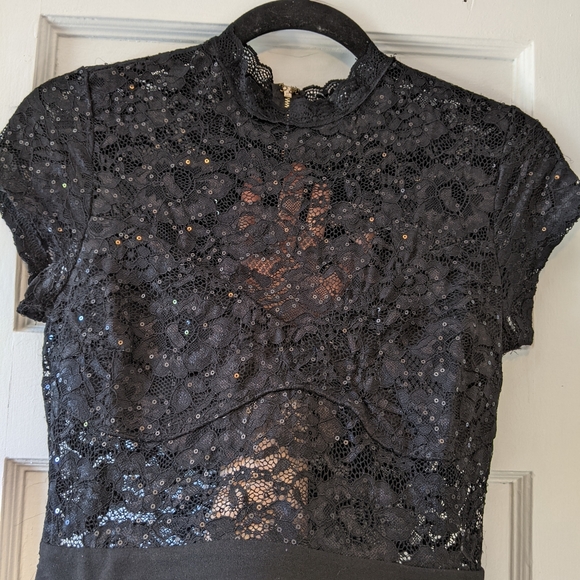 High-Neck Black Sequin Clubbing Romper Skort - Picture 4 of 9